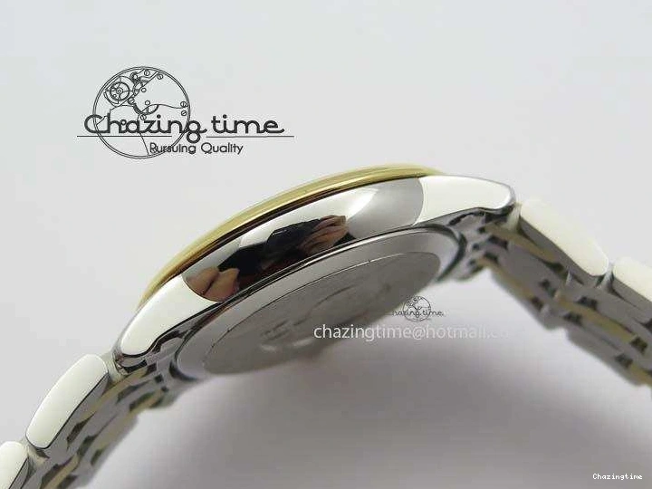 0124 HighQuality De Ville 27mm SS YG Ladies MK 1:1 Best Edition Blue Dial Diamond Markers On SS Bracelet Ronda Quartz 8186